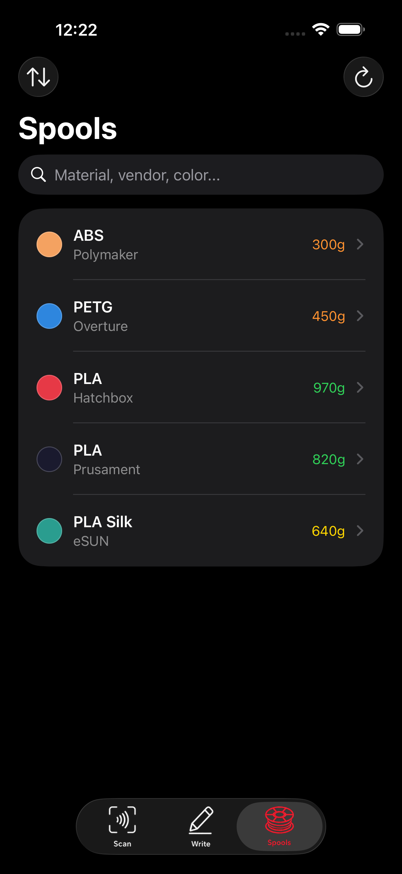 SpoolSense Spoolman inventory screen showing filament spools and remaining weight