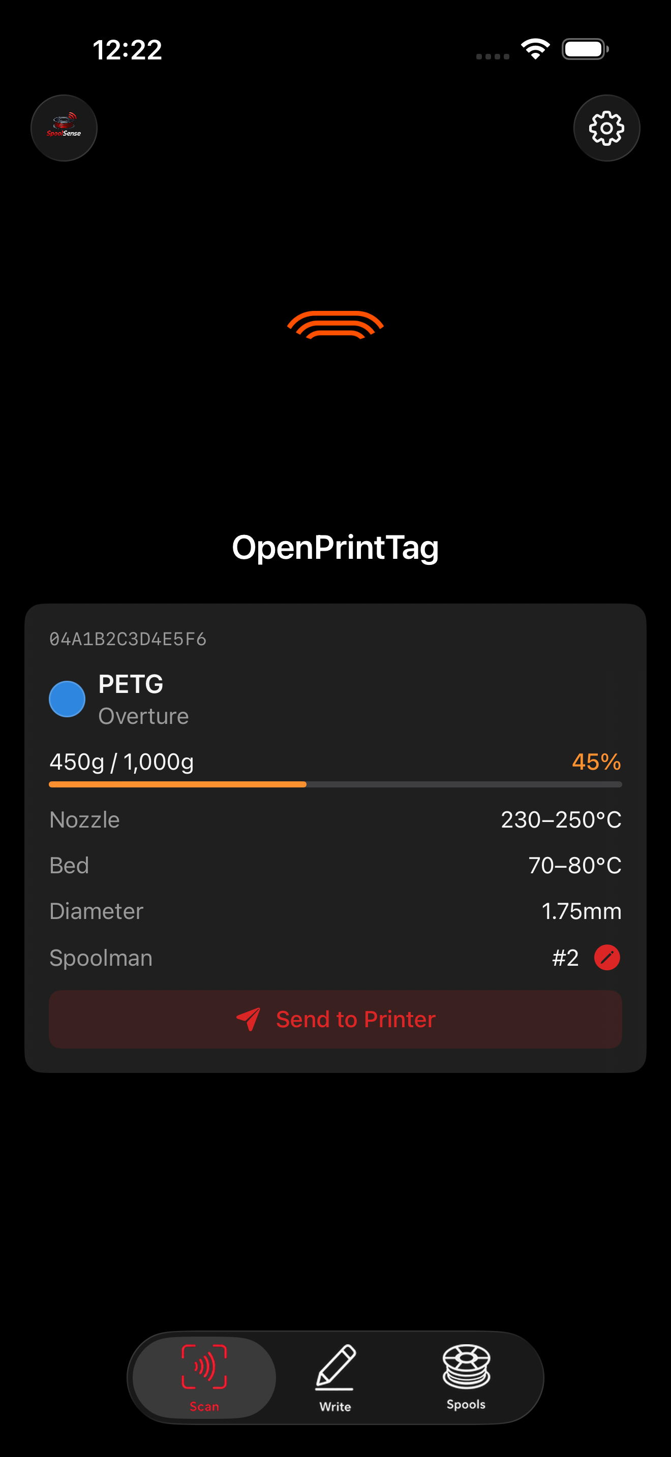 SpoolSense for iPhone showing an OpenPrintTag filament scan result