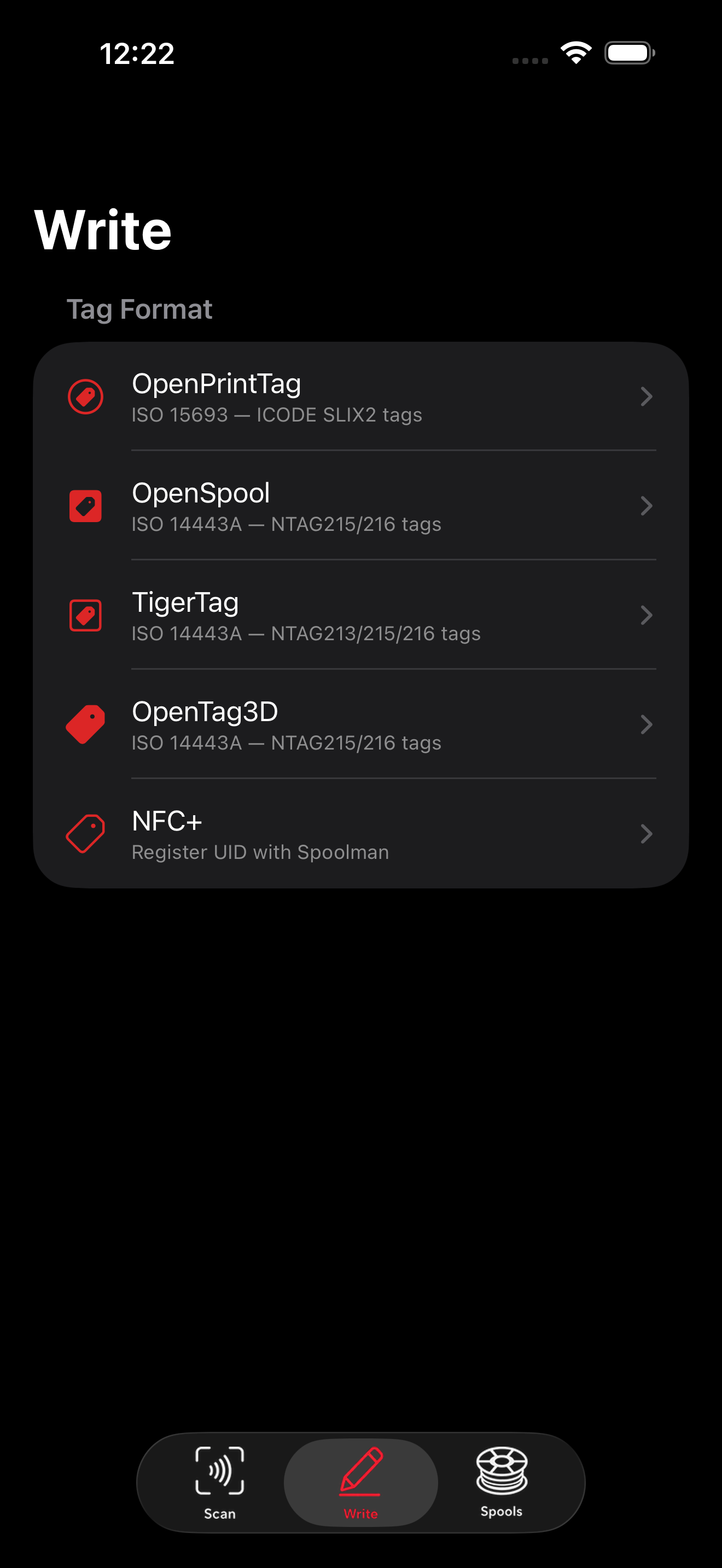 SpoolSense write screen with five supported NFC filament tag formats